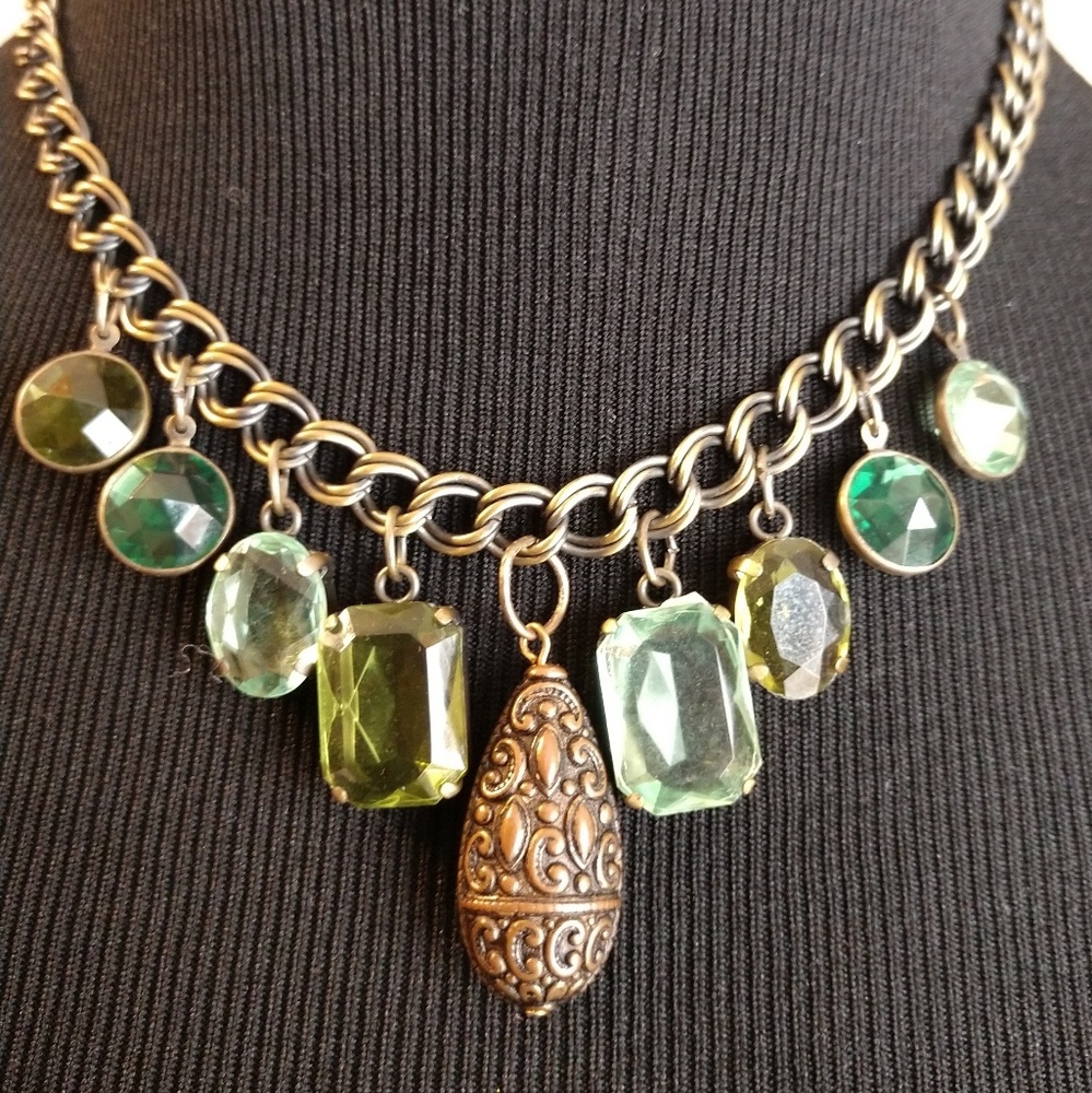 Statement Necklace with Green Stone Charms & Ornate Center Charm